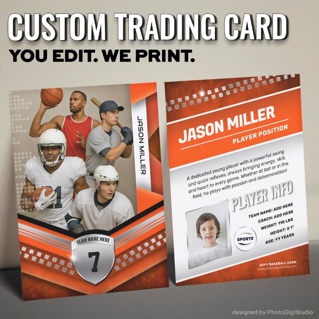 Presentación Tarjeta de intercambio personalizada de todos los  (Custom Trading Card Template, All Sport Trading Card, Modern Orange Silver Design for All Sports)