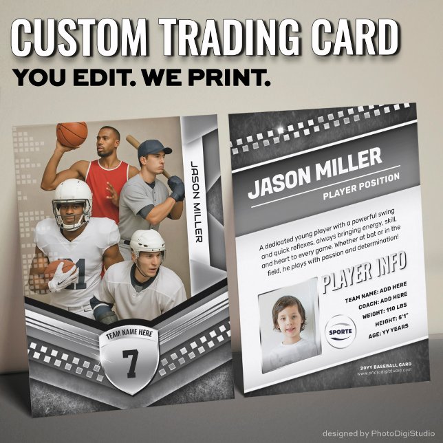 Presentación Tarjeta de intercambio personalizada de todos los  (Custom Sports Trading Card Template | Modern Black Silver Design for All Sports)