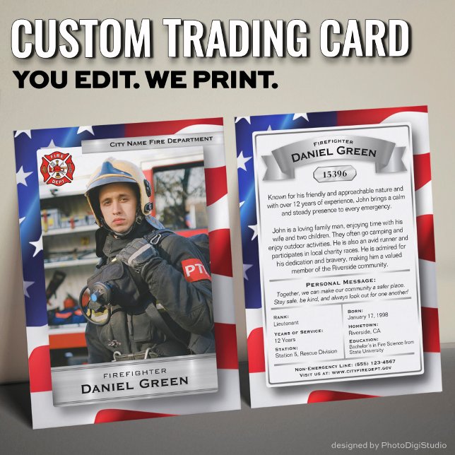 Presentación Tarjeta de intercambio personalizada para bombero, (Custom Fireman Trading Cards with USA Flag and Silver Elements)