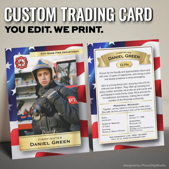 Presentación Tarjeta de intercambio personalizada para bombero, (Custom Fireman Trading Cards with USA Flag and Gold Elements)