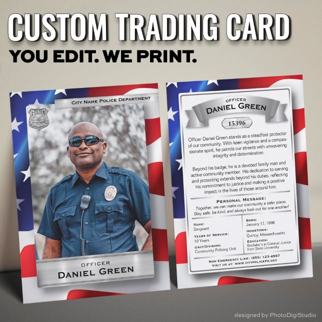 Presentación Tarjeta de intercambio personalizada para oficial  (Custom Police Officer Trading Cards with USA Flag and Silver Elements)