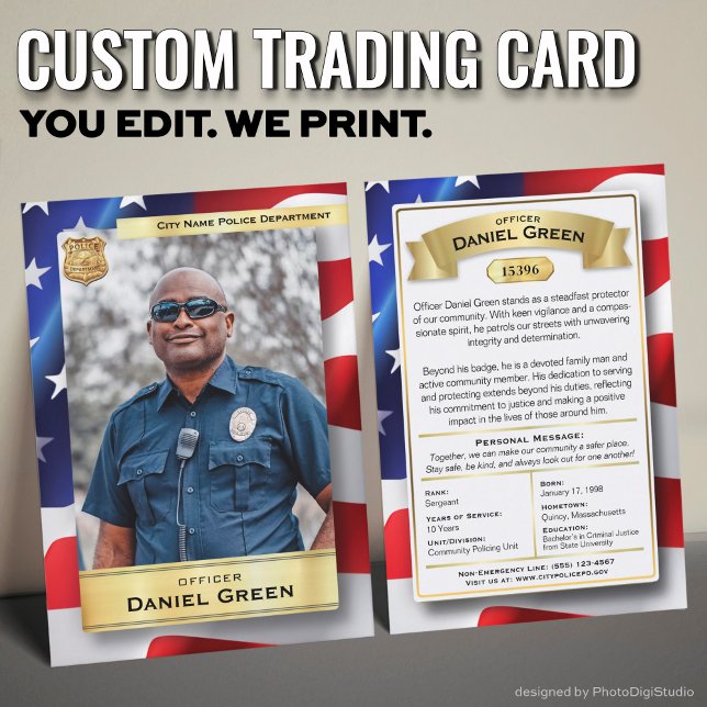 Presentación Tarjeta de intercambio personalizada para oficial  (Custom Police Officer Trading Cards with USA Flag and Gold Elements)
