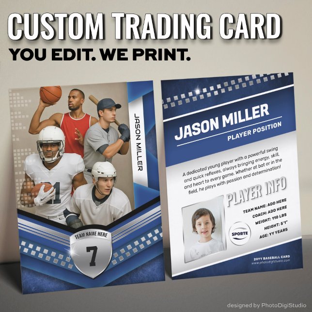 Presentación Tarjeta de intercambio personalizada para todos lo (Custom Trading Card Template, All Sport Trading Card, Modern Blue Silver Design for All Sports)