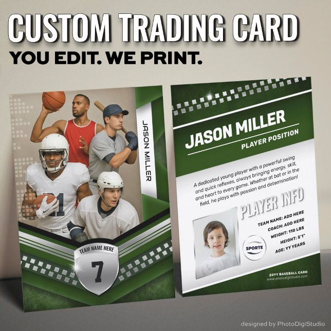 Presentación Tarjeta de intercambio personalizada para todos lo (Custom Trading Card Template, All Sport Trading Card, Modern Green Silver Design for All Sports)