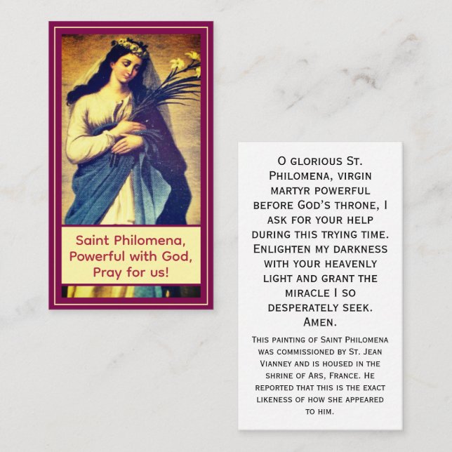 Presentación Tarjeta de oración personalizable de Sta. Filomena (Anverso / Reverso)