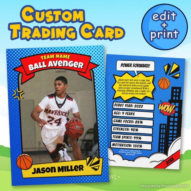Presentación Tarjeta de personalizado de Baloncesto con Comic B (Custom Basketball Trading Card, Comic Baller Card)