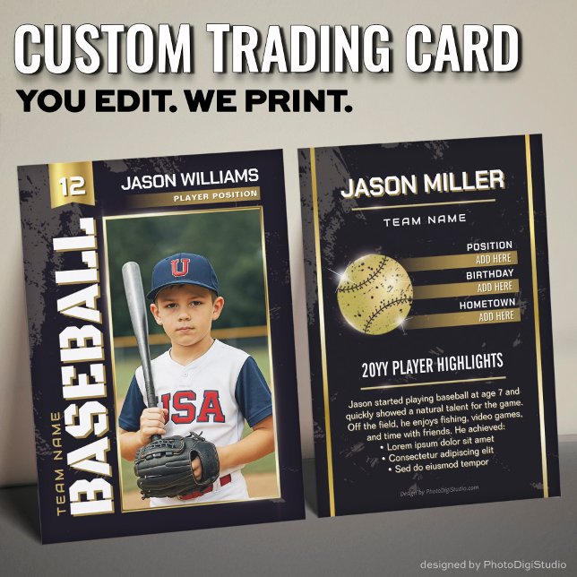 Presentación Tarjeta de personalizado de Béisbol, tarjeta de ju (Custom Baseball Trading Card, Gold Power Player Card)