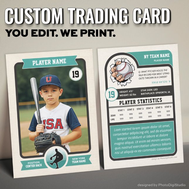Presentación Tarjeta de personalizado de Béisbol, tarjeta de ju (Vintage Custom Baseball Trading Card, Teal Player Card)