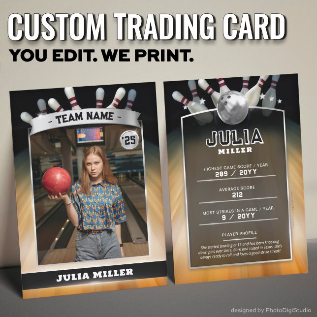 Presentación Tarjeta de personalizado de Bolling Trading Card,  (Custom Bowling Trading Card, Modern Bowler Card Silver )