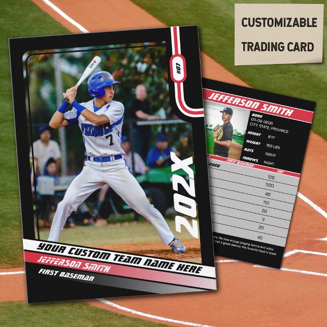 Presentación Tarjeta de Personalizado de la Tarjeta de Intercam (Baseball Player Trading Card in Black with Custom Team Name and Red White Elements)