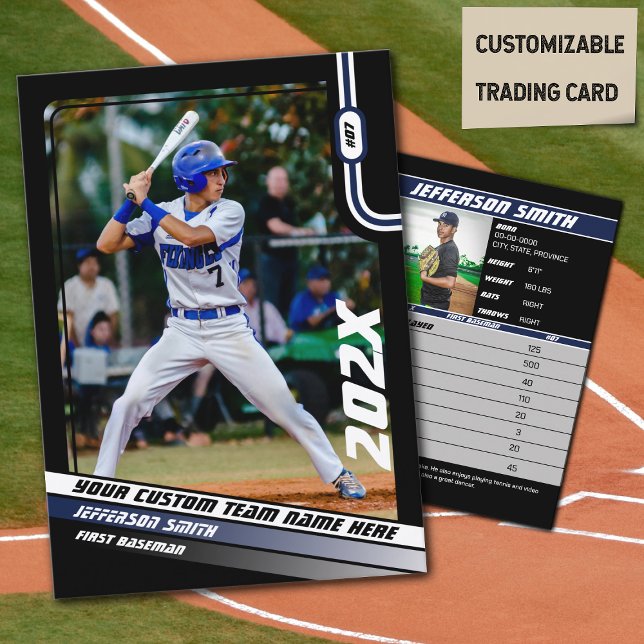 Presentación Tarjeta de Personalizado de la Tarjeta de Negociac (Baseball Player Trading Card in Black with Custom Team Name and Blue White Elements)