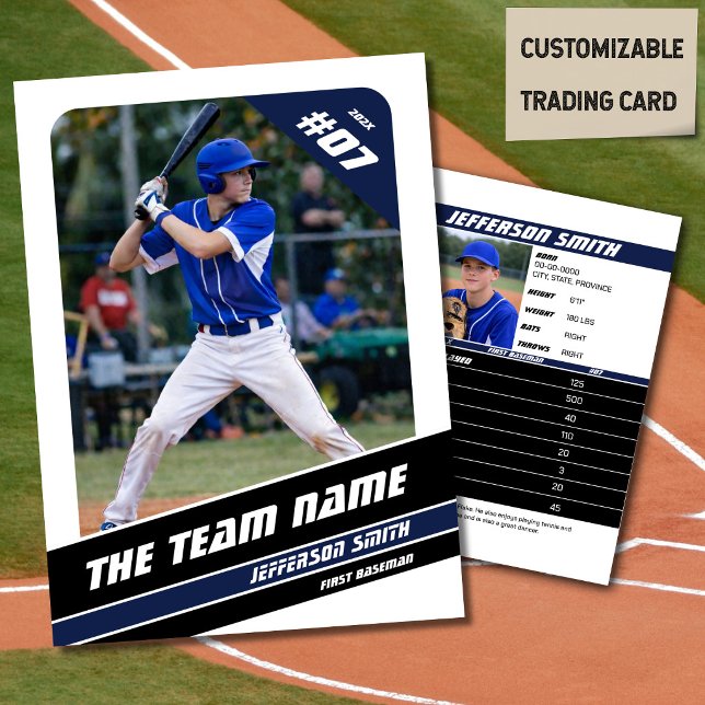 Presentación Tarjeta de Regalo de Equipo de Béisbol Azul Blanco (Baseball Player Trading Card in White with Custom Team Name and White Blue Elements)