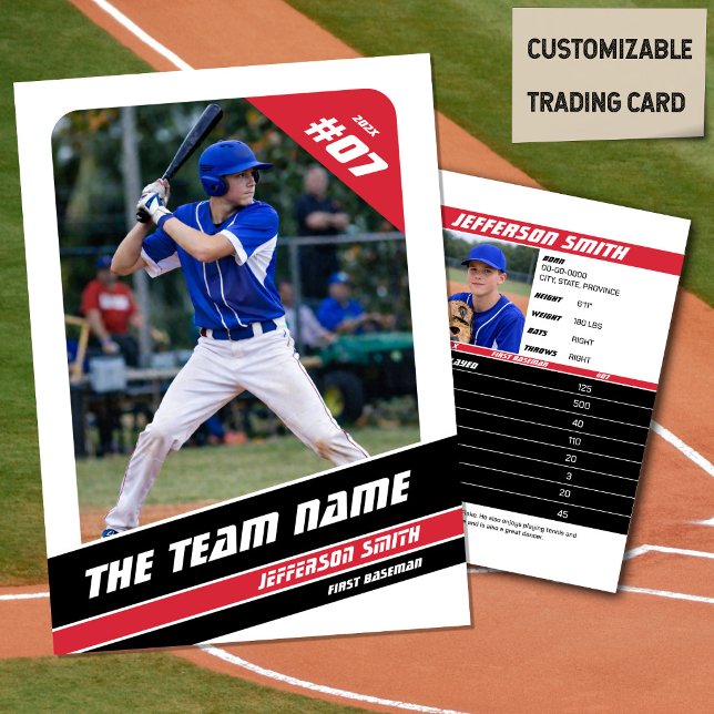 Presentación Tarjeta de regalo del equipo de béisbol Rojo Blanc (Baseball Player Trading Card in White with Custom Team Name and White Red Elements)