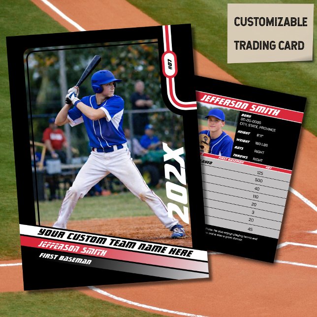 Presentación Tarjeta de regalo roja personalizada de jugador de (Baseball Player Trading Card in Black with Custom Team Name and Red White Elements)