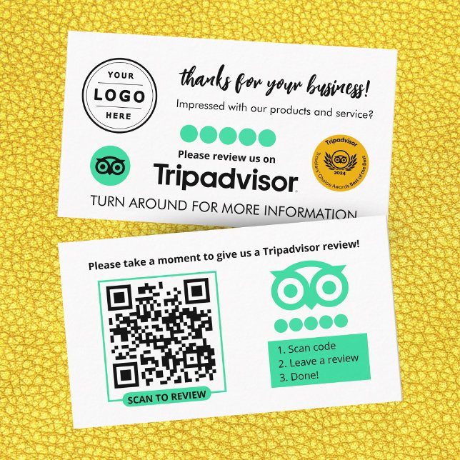 Presentación Tarjeta de solicitud de reseña de Tripadvisor con  (Tripadvisor Review Request Card that you can personalize with your Logo and QR Code)