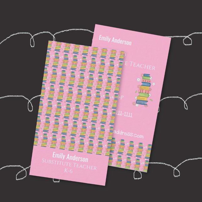 Presentación Tarjeta de visita vertical tutora patrón de libros (Books pattern tutor pink vertical business card .)