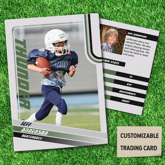 Presentación Tarjeta Verde Americana De Comercio De Fútbol Para (American Football Player Trading Card for Kids in Grey with Custom Team and Player Name Green)