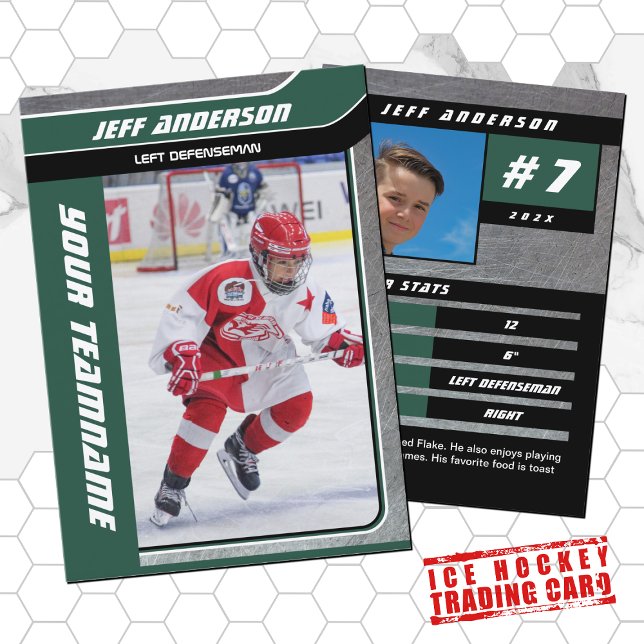 Presentación Tarjeta verde de hockey sobre hielo Metalizado (Hockey Trading Card with custom team name and hockey player name in Green and Black)