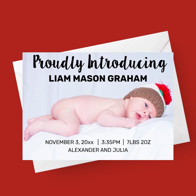 Presentando orgullosamente el Anuncio de Nacimient (Modern Script Proudly Introducing Photo Birth Announcement Card)