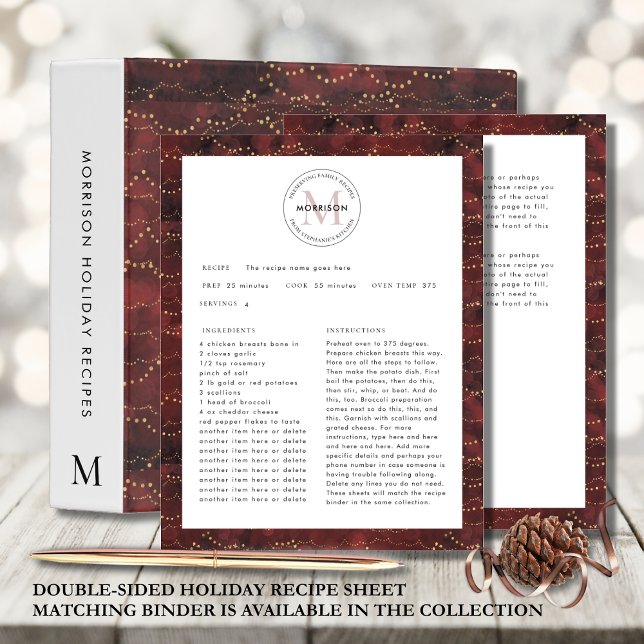 Preservación de recetas familiares Navidades Hoja  (Double-Sided Burgundy Christmas Recipe Sheet Preserving Family Recipes Designed for 3-Hole Punch)