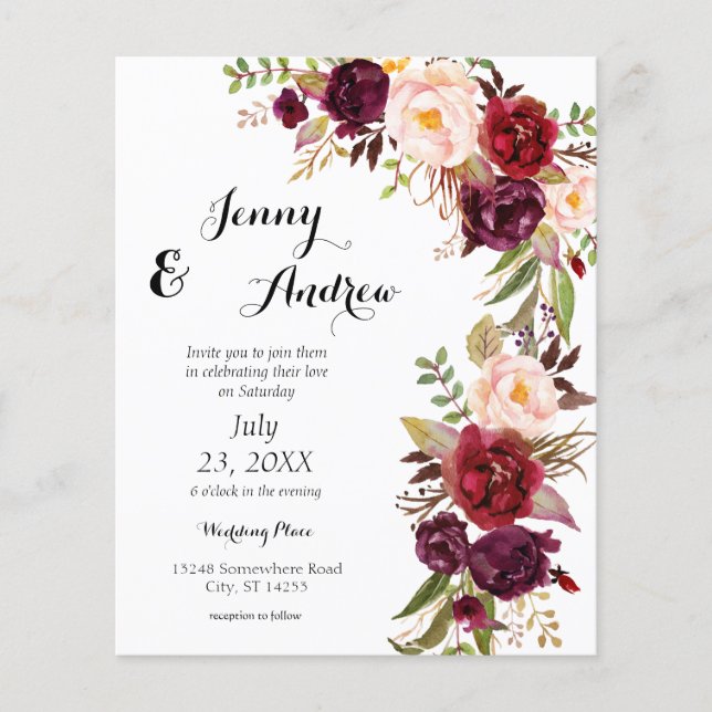 Presupuesto Burgundy Marsala Floral 2 Boda Flyer (Frente)