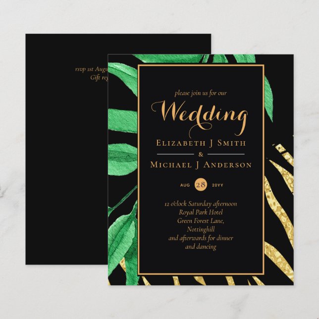 Presupuesto de Boda negro de oro de la hoja tropic (Anverso / Reverso)
