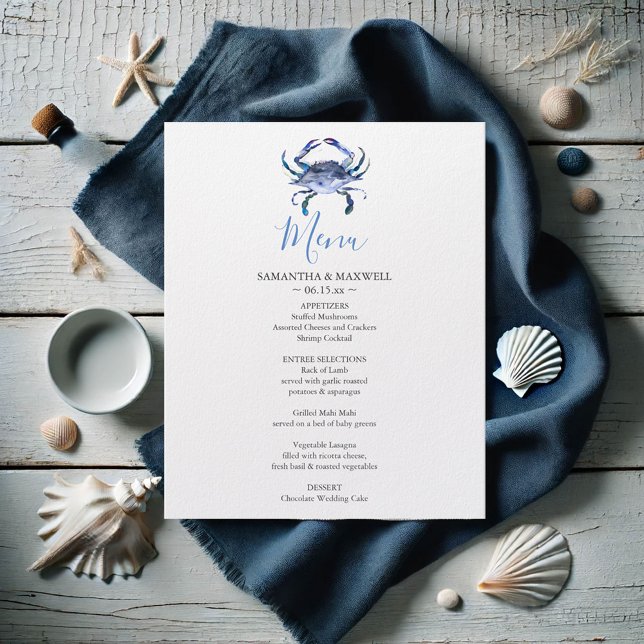 Presupuesto del menú de bodas de playa personaliza (Blue crab printed menu watercolor art by Victoria Grigaliunas Do Tell A Belle)