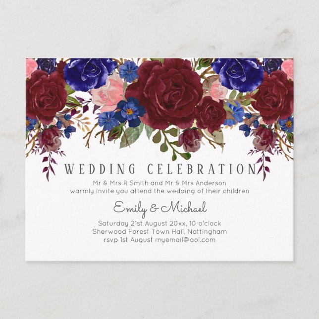 PRESUPUESTO Invitación a la boda floral rosa azul  (Anverso)