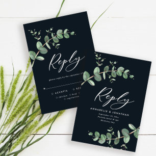 Presupuesto moda moderna negra boda eucalipto RSVP