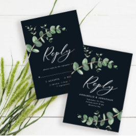 Presupuesto moda moderna negra boda eucalipto RSVP