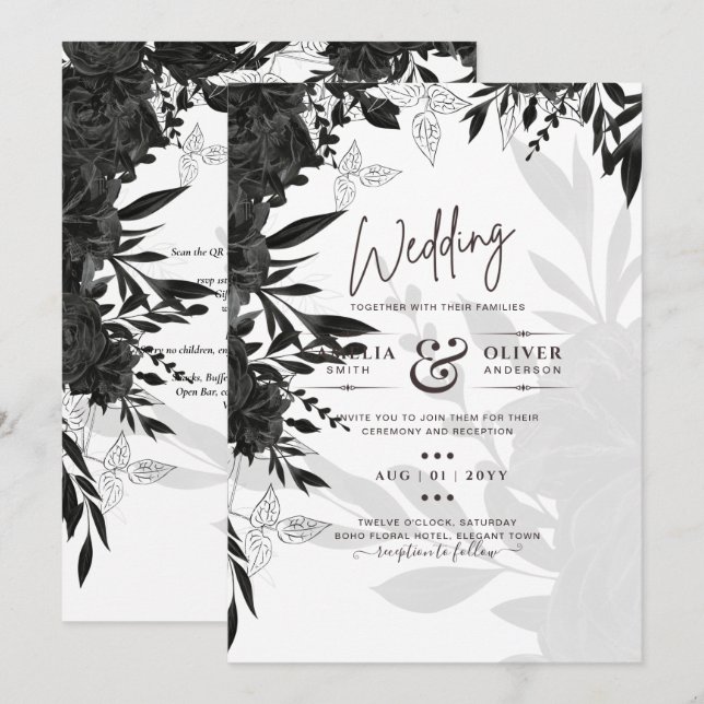PRESUPUESTO Rosas negros Elegante invitación a la  (Anverso / Reverso)