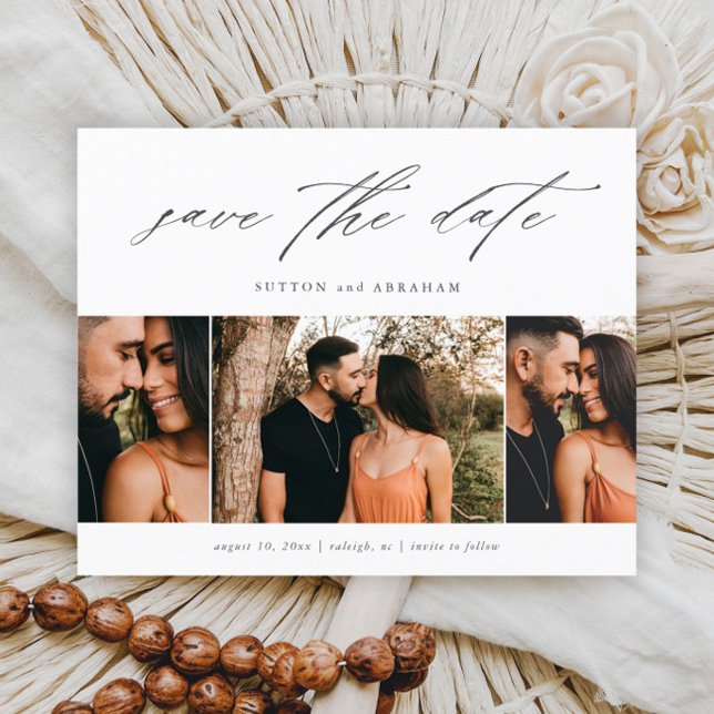 Presupuesto Tarjeta de Guardar la Fecha Minimal Sc (Elegant script 3 photo wedding save the date cards.)
