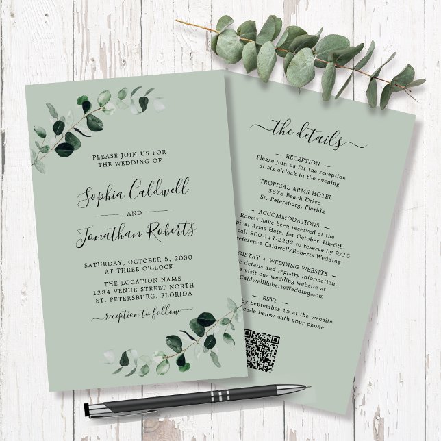 Presupuesto todo en un volante de un Boda de eucal (Budget All in One Eucalyptus Sage Wedding Flyer 5.5 x 8.5 Paper Invitation)