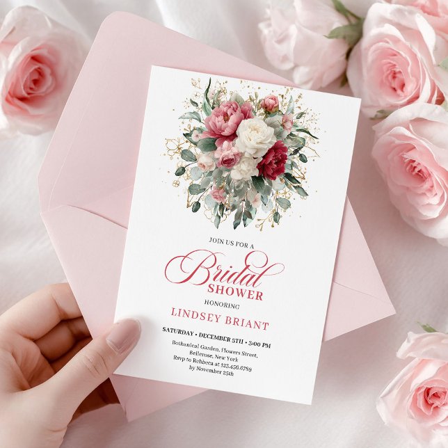 Pretty Boho Ruby Bodas de Oro Blanco Invitación pa (Pretty Boho Ruby White Gold Floral Bridal Shower Card

)