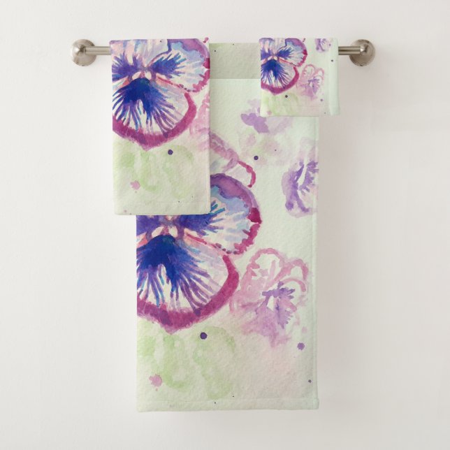 Pretty Floral Pastel Pansy Purple Watercolor Towel (In situ)
