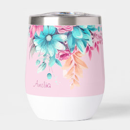 Pretty Pink & Teal Floral Thermal Tumbler