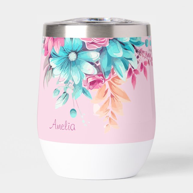 Pretty Pink & Teal Floral Thermal Tumbler (Frente)