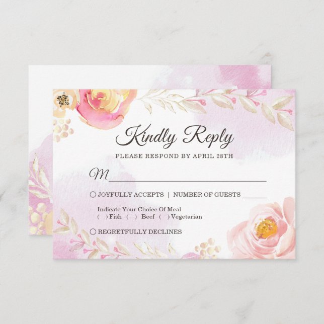 Primavera acuarela Girly rosa y Boda de Oro RSVP (Anverso / Reverso)