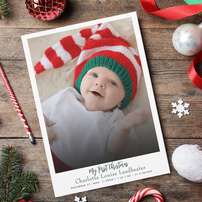 Primer bebé de Navidad foto moderna de nacimiento (Baby First Christmas Script Greetings Card)