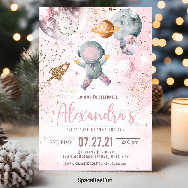 Primer Chica Astrona de la invitación al cumpleaño (First Outer Space Birthday Invitation Girl Astronaut First Trip Around the Sun Galaxy invites)