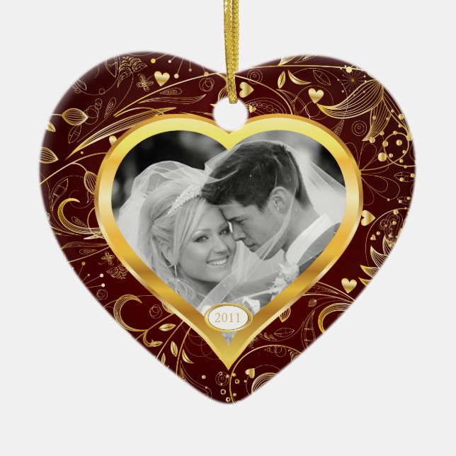 Primer corazón del oro del ornamento de la foto (Frente)