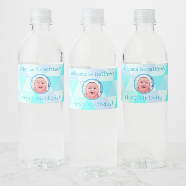 Primer cumpleaños de Baby Boy | Etiqueta de agua e (Botellas)
