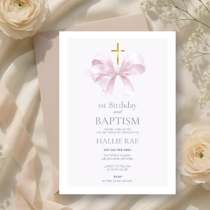 Primer cumpleaños de Bow rosado e invitación al ba