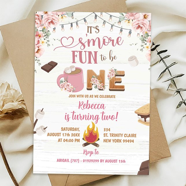Primer cumpleaños de invitación a Pink S'more Chic (Subido por el creador)