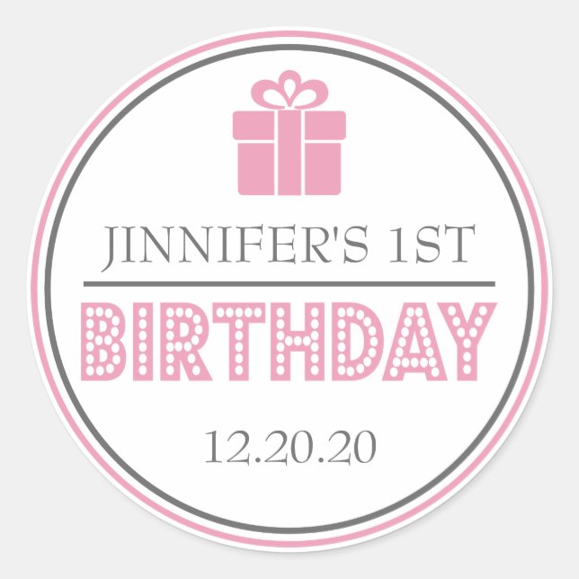 Primer cumpleaños de Pegatinas a favor (rosa / gri (Anverso)