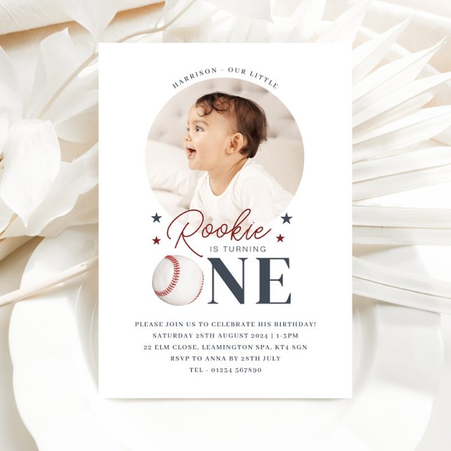 Primer cumpleaños de Rookie - Invitación a una fot (Rookie 1st Birthday - One Round Photo Invitation)