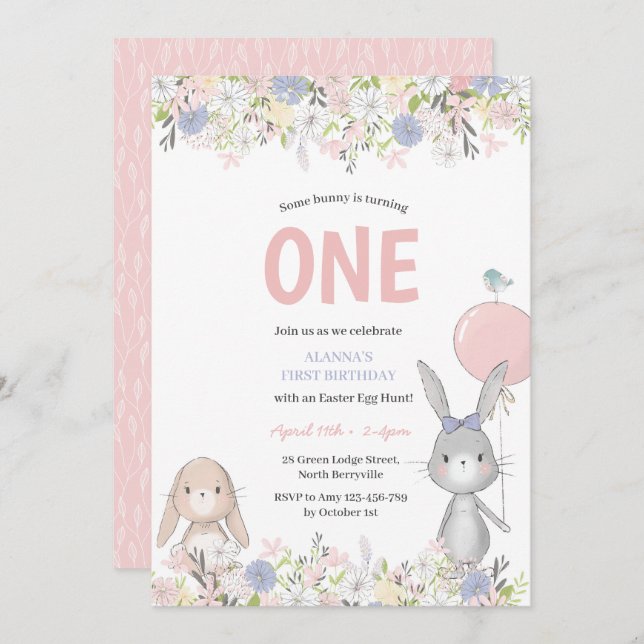 Primer cumpleaños Invitación de conejo de Pascua (Anverso / Reverso)