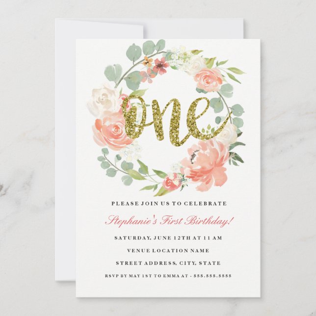 Primer cumpleaños Invitación de flor de oro rosado (Anverso)
