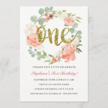 Primer cumpleaños Invitación de flor de oro rosado