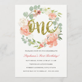 Primer cumpleaños Invitación de flor de oro rosado